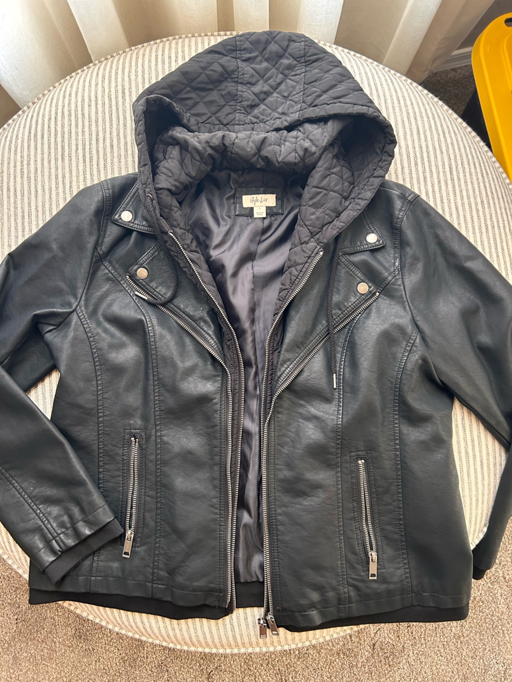 Style & Co. Black Faux Leather Bomber Jacket with Quilted Hood